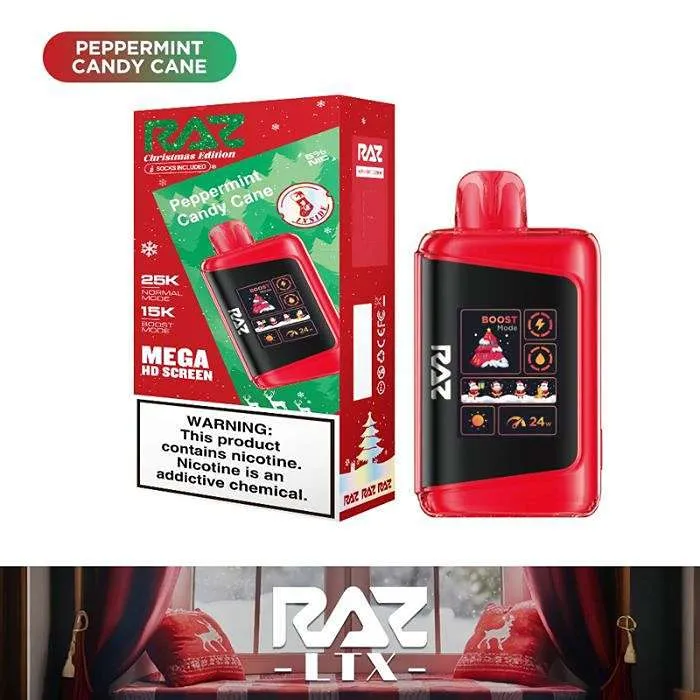 Christmas vape flavors Dubai, festive vape juice selection, grape ice two apple blueberry burst vape - Raz DC25000 Christmas Edition Vape | eJuiceDB.com