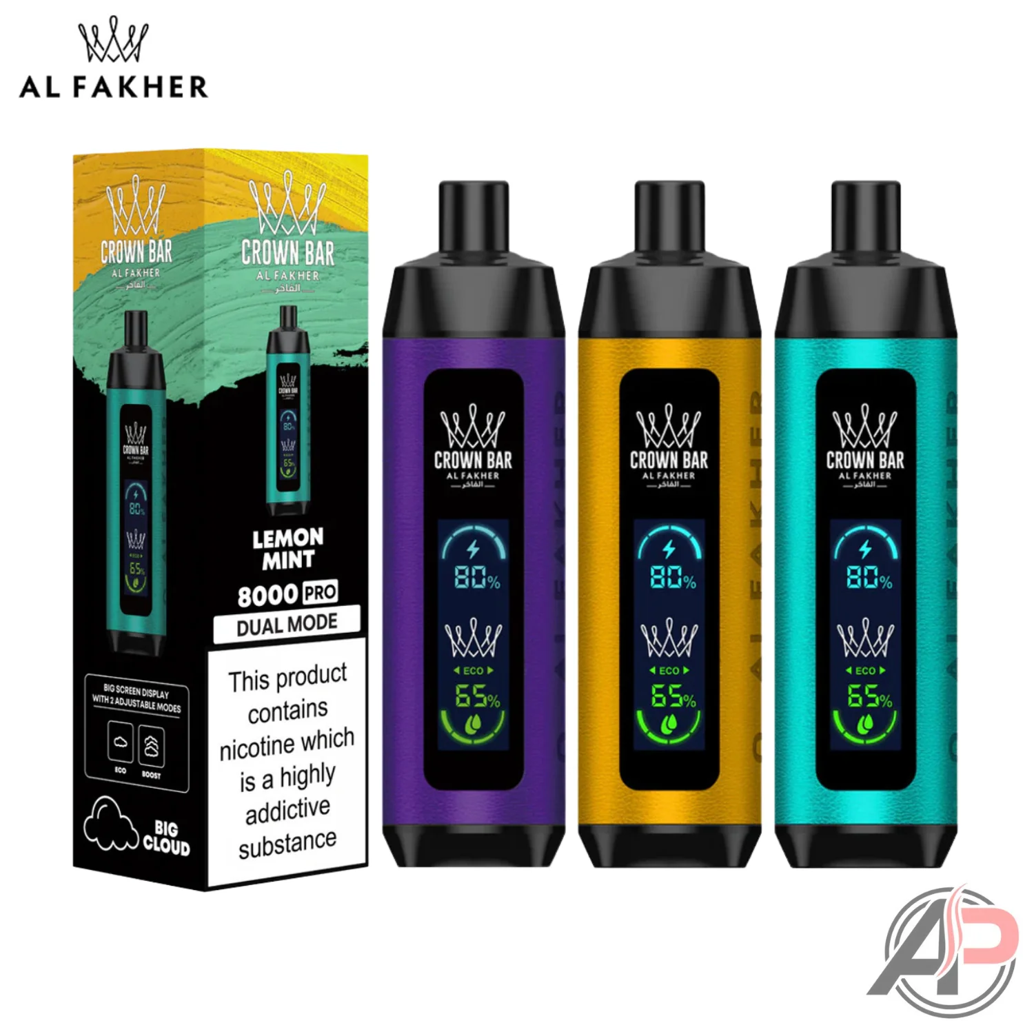 Person direct-to-lung vaping large clouds Al Fakher Crown Bar, portable shisha vape experience, DTL vape majlis gathering - Al Fakher Crown Bar 8000 Puffs Pro DTL Disposable Vape Device – Apvs