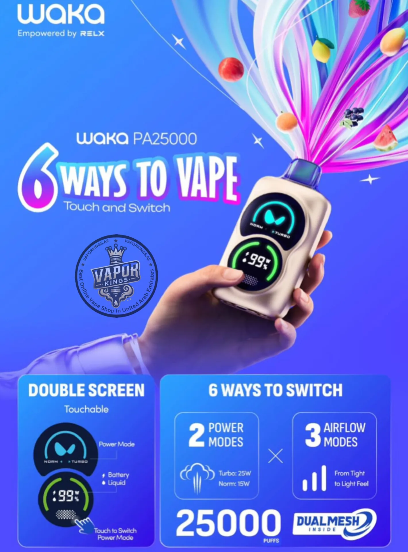 Waka PA 25000 dual mesh coils, vape mesh technology diagram, Boost Mode vape coil, internal vape technology - Waka PA25000 Puffs Disposable Vape 50 MG In UAE