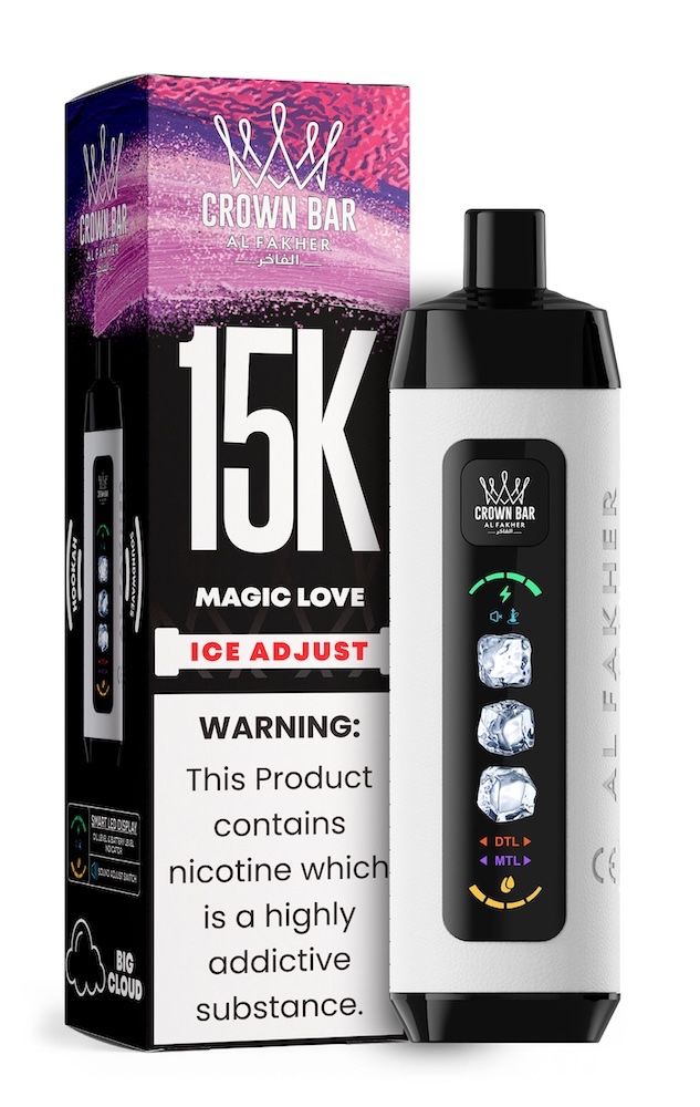 Al Fakher Crown Bar 15000 digital display, vape screen tech analysis, e-liquid battery power indicator, disposable vape technical features - Al Fakher Crown Bar Ice Adjust 15K