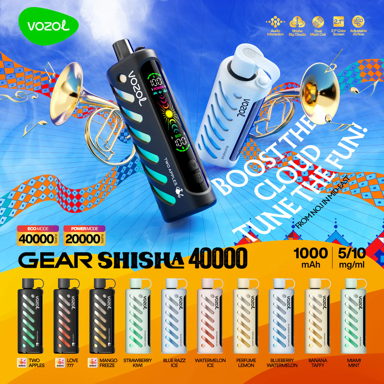 Vozol Gear Shisha HD screen display, Smart vape interface showing stats - Vozol Vape Gear Shisha 40000 – Best Smoke Shop