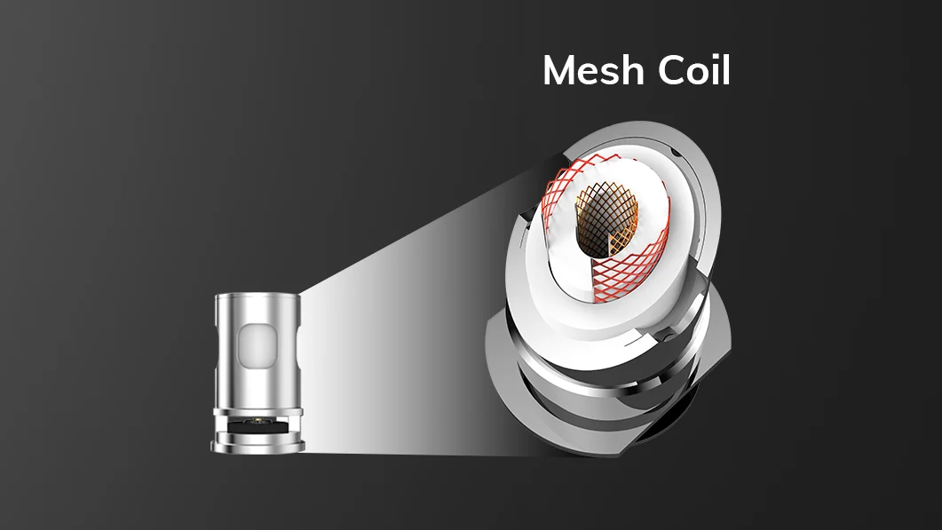 Mesh coil vape close-up, dense vapor production technology, consistent heating vape element, Isgo Bar coil design - Mesh Coils: What Are Their Benefits?